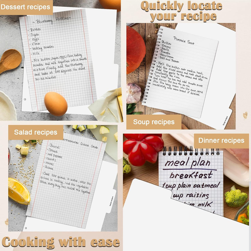 Recipe Dividers for 3 Ring Binder Set 9 3/4”×11” Black and Pre-Printed Recipe Binder