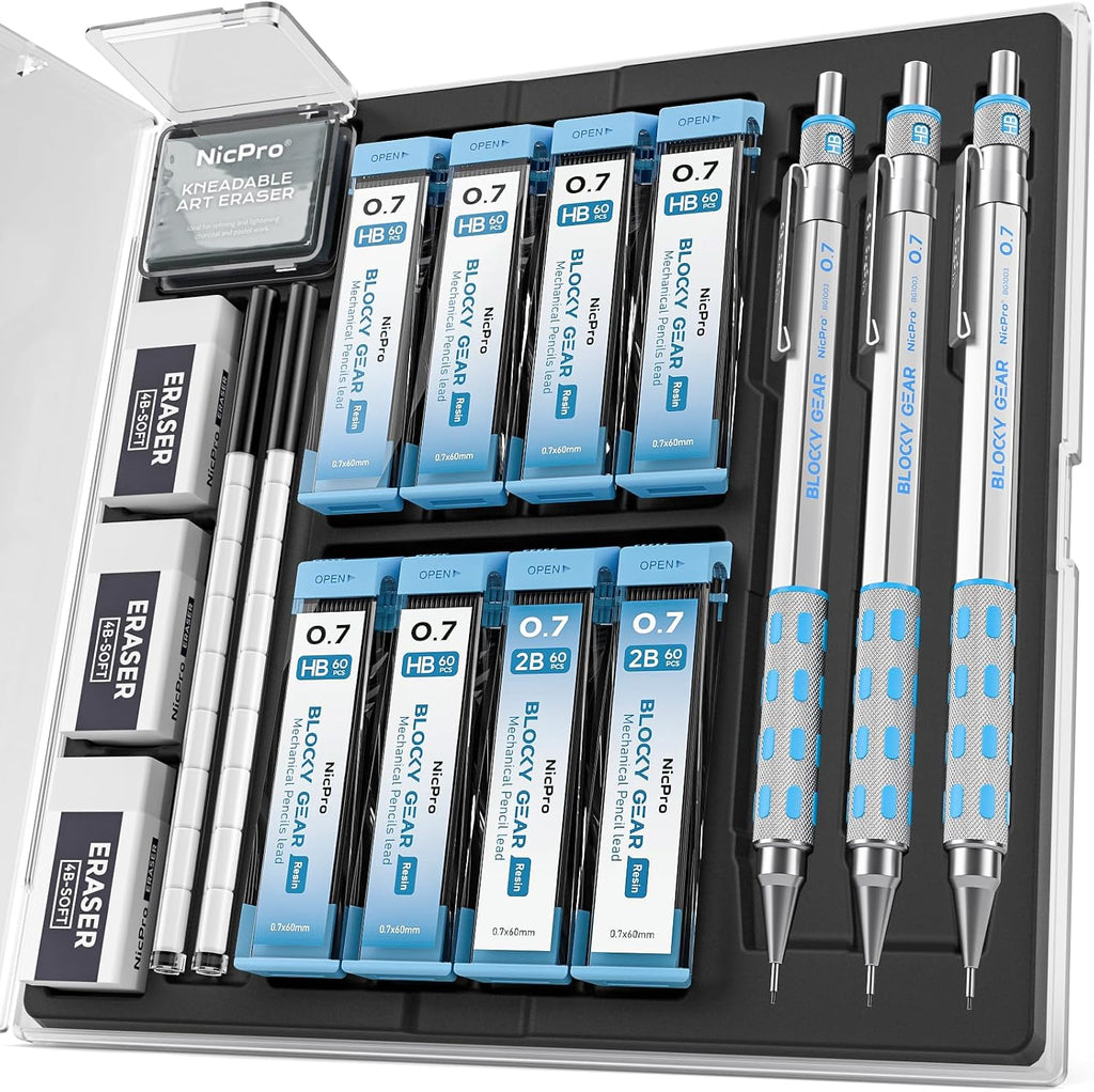 Nicpro Blocky Gear Mechanical Pencils 0.7 mm with Case, 3 Pack
