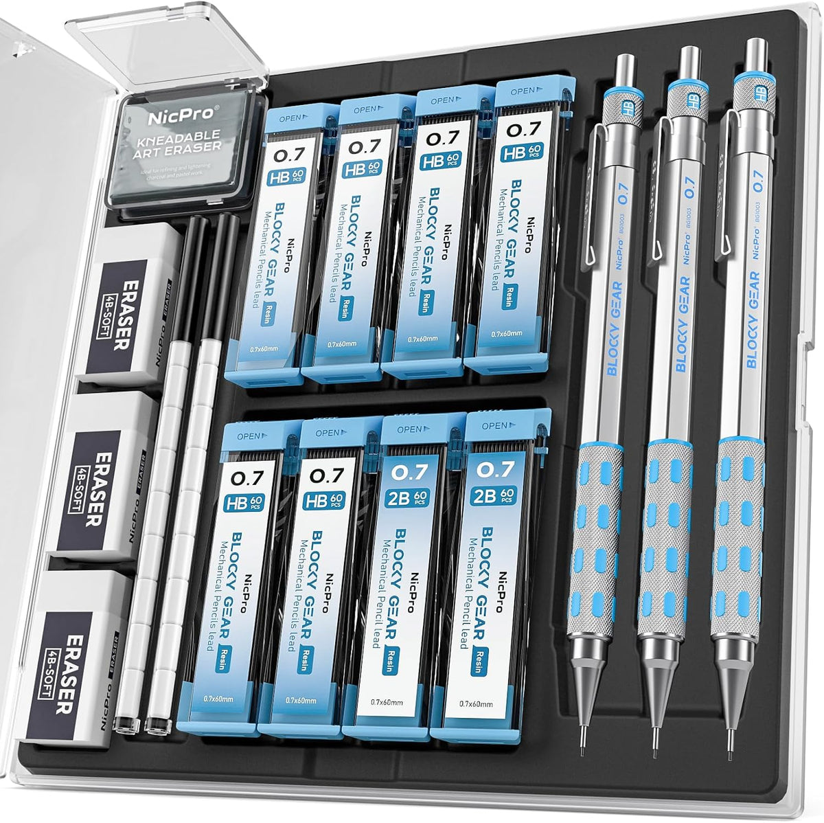 Nicpro Blocky Gear Mechanical Pencils 0.7 mm with Case, 3 Pack