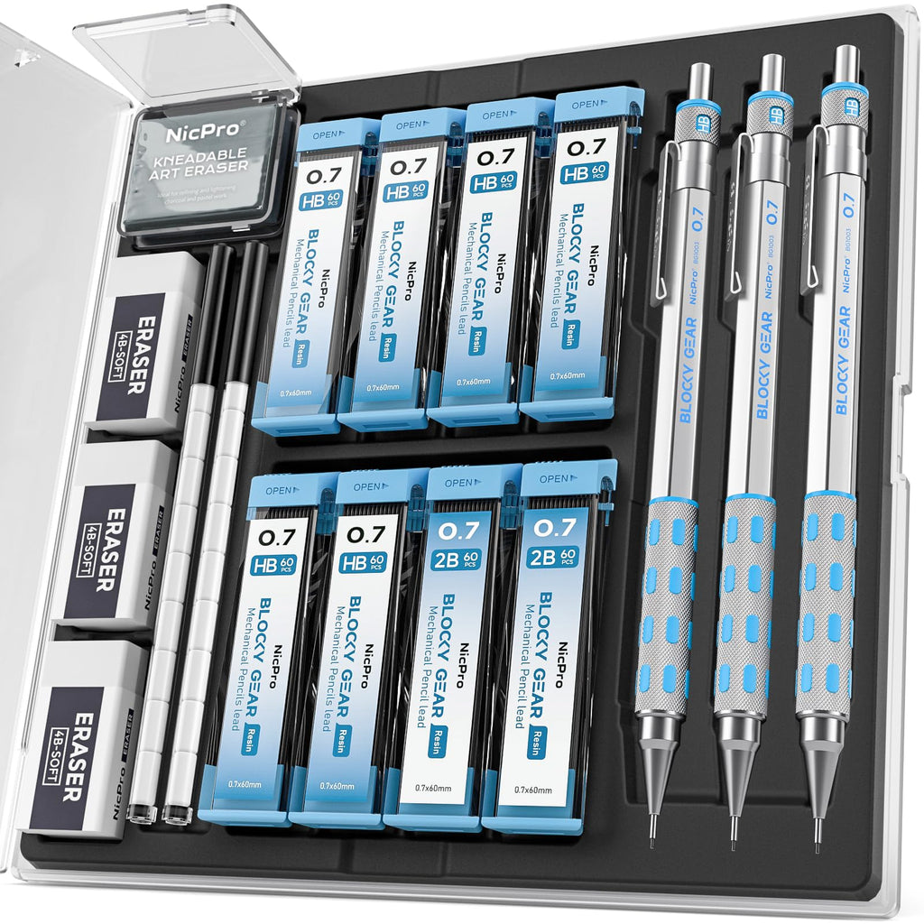 Nicpro Blocky Gear Mechanical Pencils 0.7 mm with Case, 3 Pack
