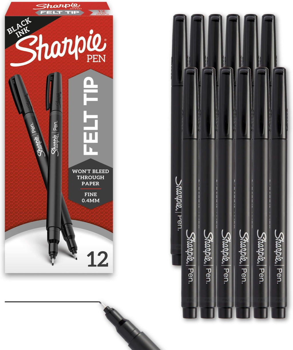 Sharpie Felt Tip Pens, Fine Point (0.4mm), Felt Tip Markers, Black, 12 Count - Journaling