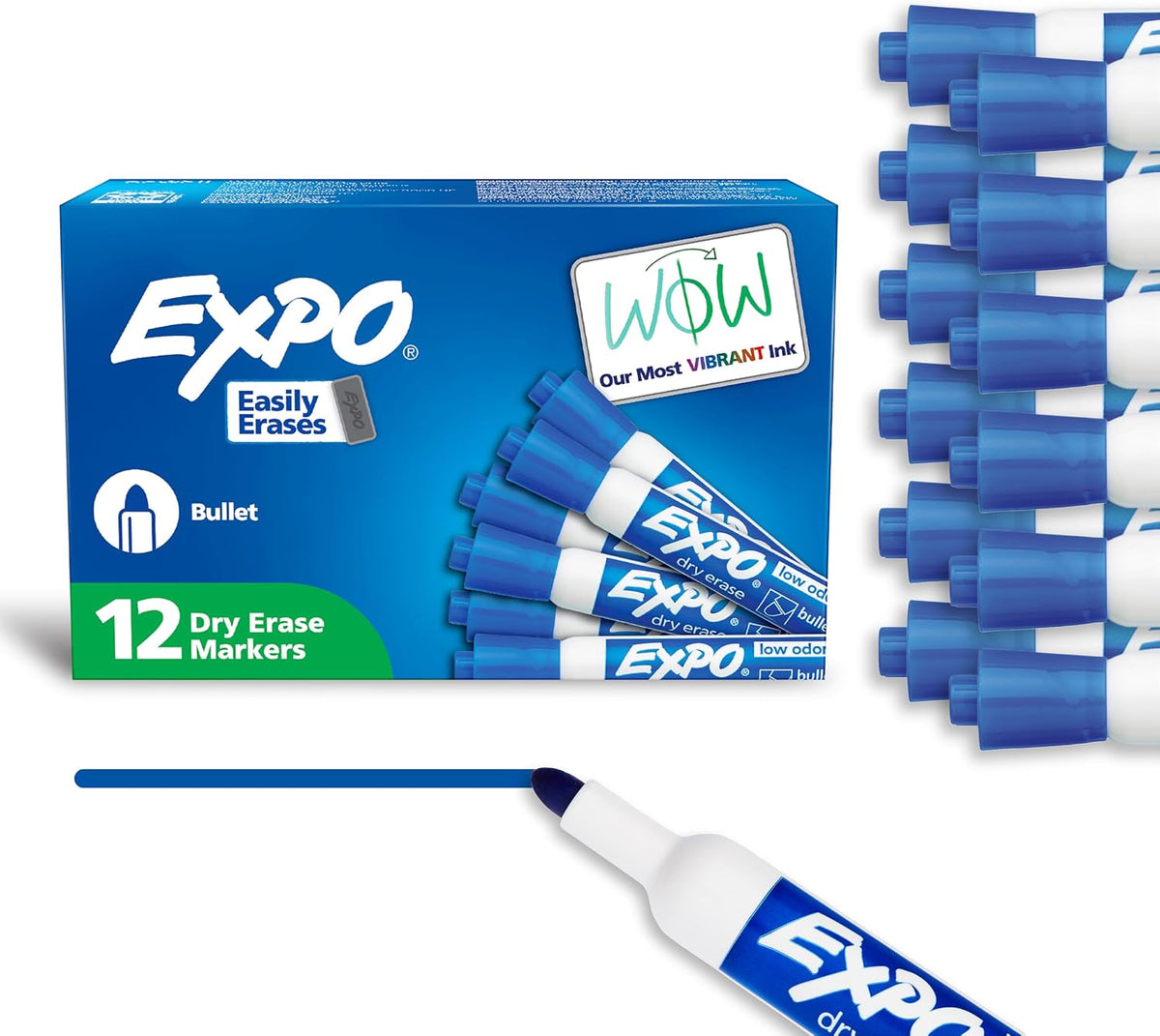 EXPO Dry Erase Markers, Low Odor Ink, Blue, Bullet Tip, 12 Count - Whiteboard, Calendar