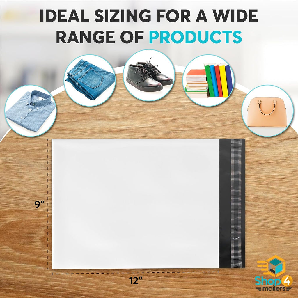Shop4Mailers 9x12 Inch 2 Mil Poly Mailers – Glossy White Waterproof Tear-Resistant