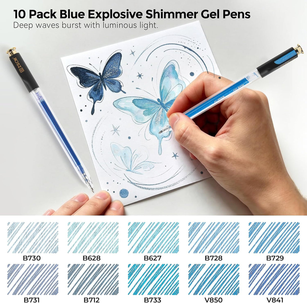 10 Blue Explosive Shimmer Retractable Glitter Gel Pens, Upgraded Sparkle