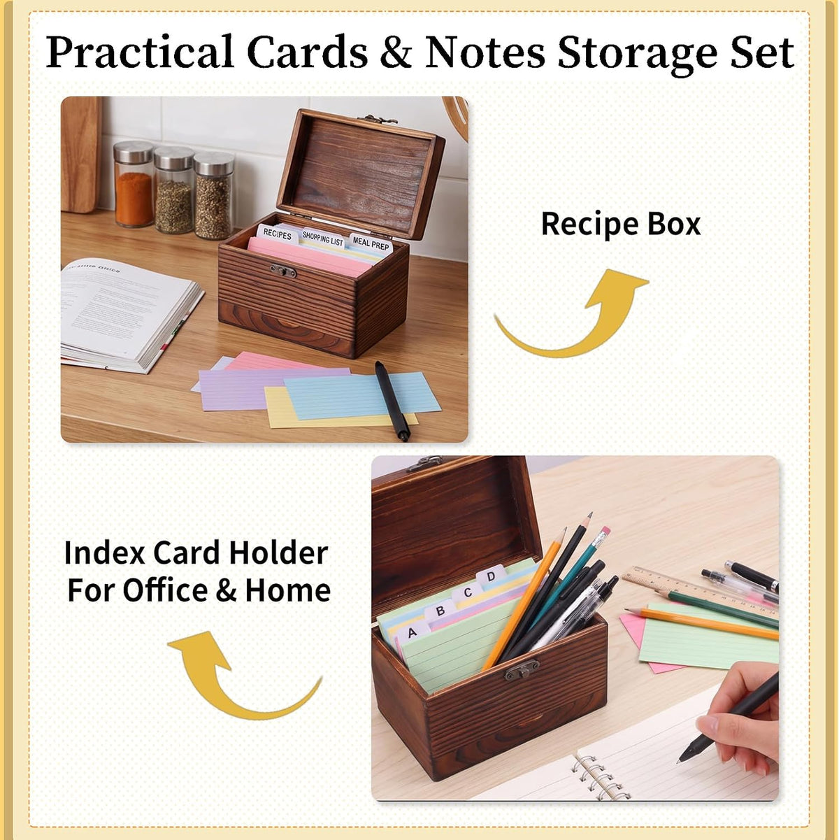 3x5 Index Card Box Wooden Origanizer Recipe Card Holder Set with Dividers