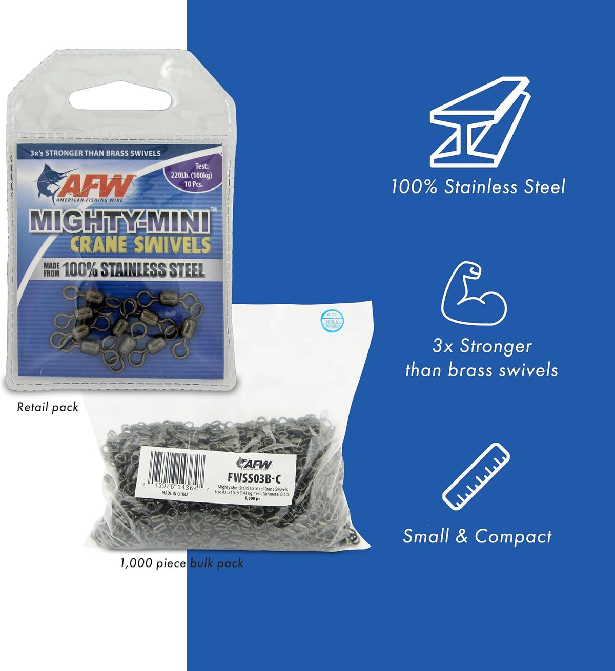AFW Mighty-Mini Wire Crane Fishing Swivels, 411lb Test - 7 Pieces
