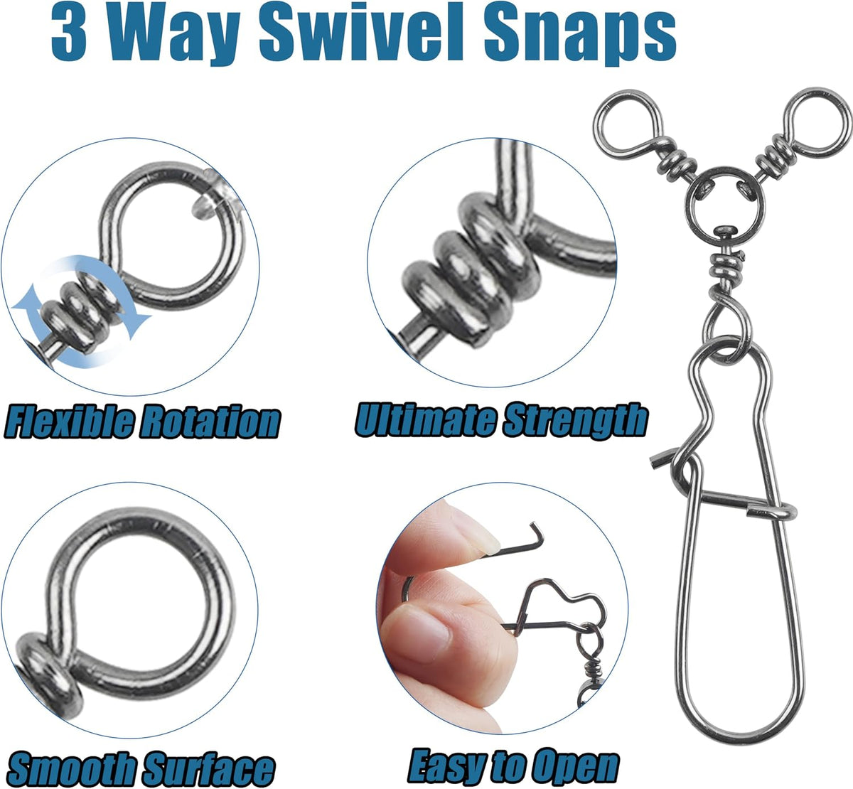 3 Way Snap Swivels 60PCS Fishing Swivel Tackles with Stainless Steel Duo Lock Snaps