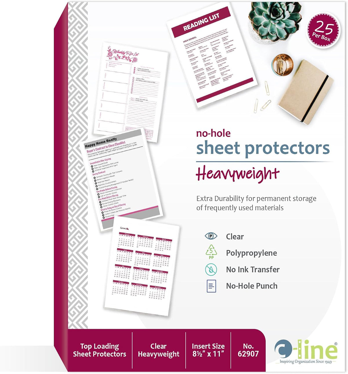 C-Line Heavyweight No-Hole Sheet Protectors, Clear, 25/Box (62907)