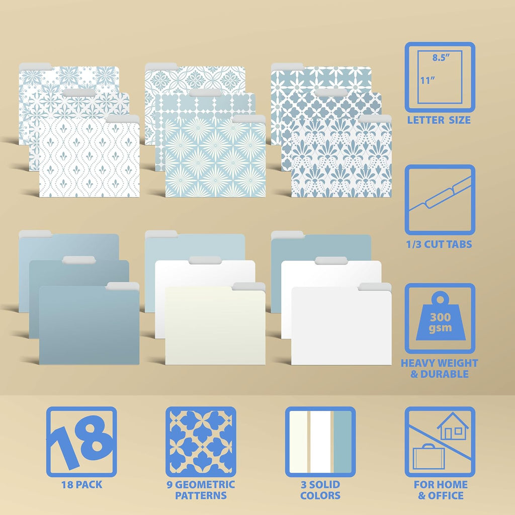 Better Office Products Decorative File Folders, 18 Pack Letter Size