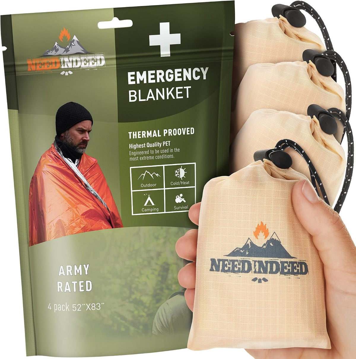 4-Pack Emergency Space Blankets, 83x52 inches, Silver, Polyester