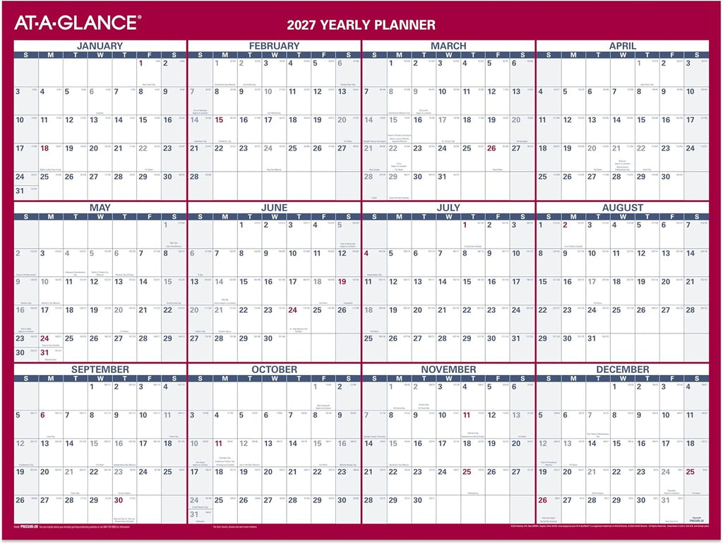 AT-A-GLANCE 2027 Erasable Calendar, Dry Erase Wall Planner, 12" x 16"