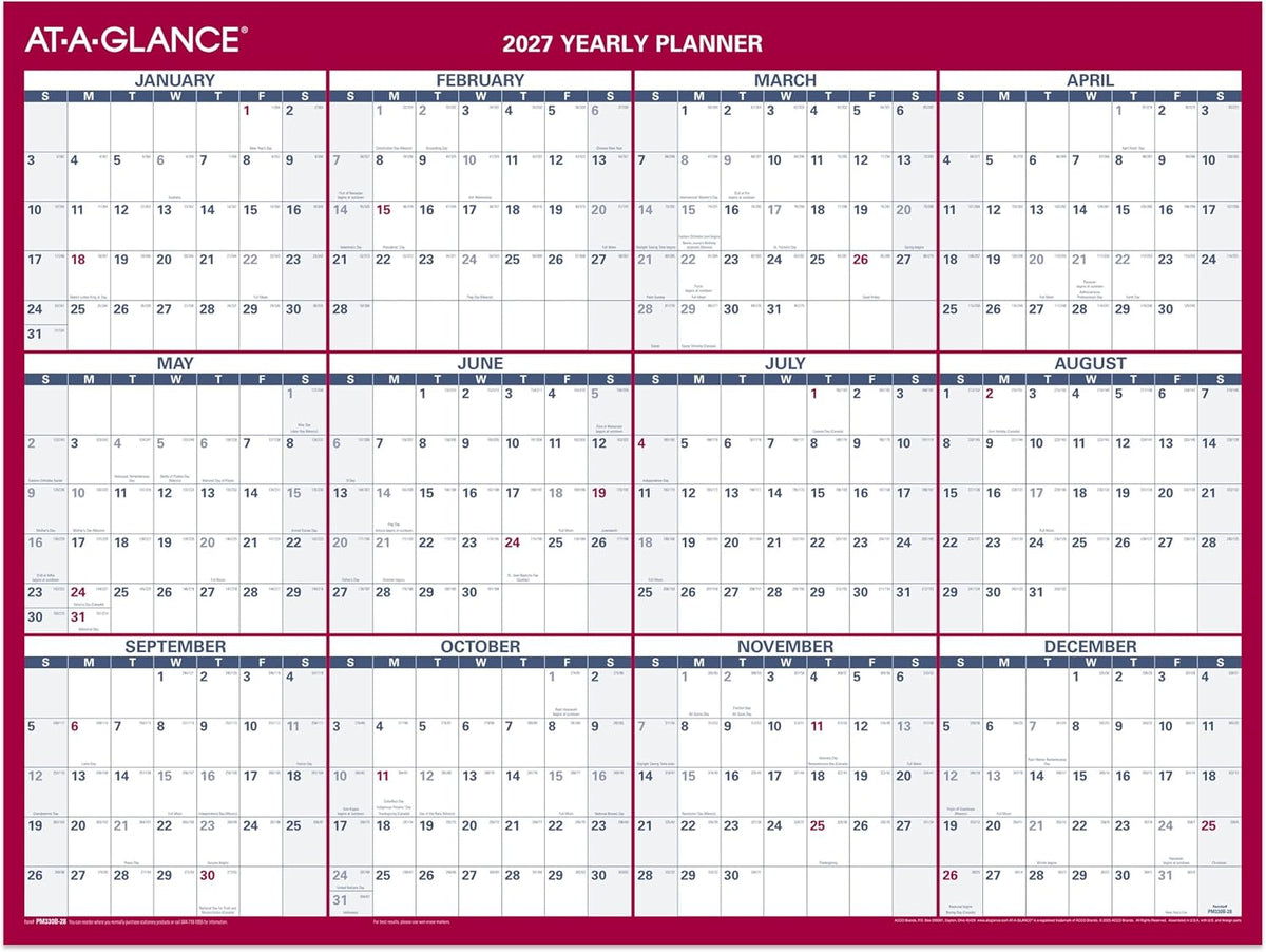 AT-A-GLANCE 2027 Erasable Calendar, Dry Erase Wall Planner, 12" x 16"
