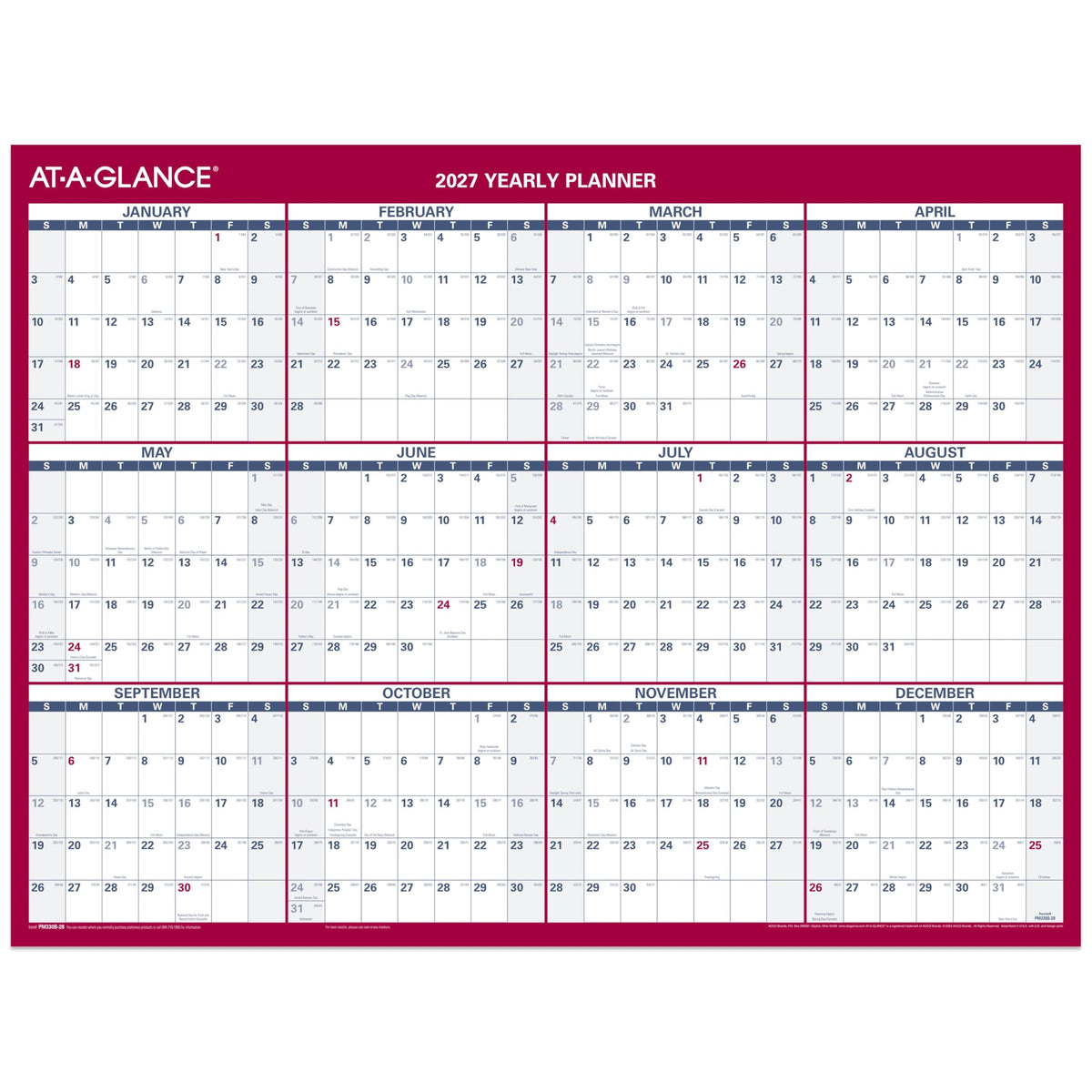 AT-A-GLANCE 2027 Erasable Calendar, Dry Erase Wall Planner, 12" x 16"