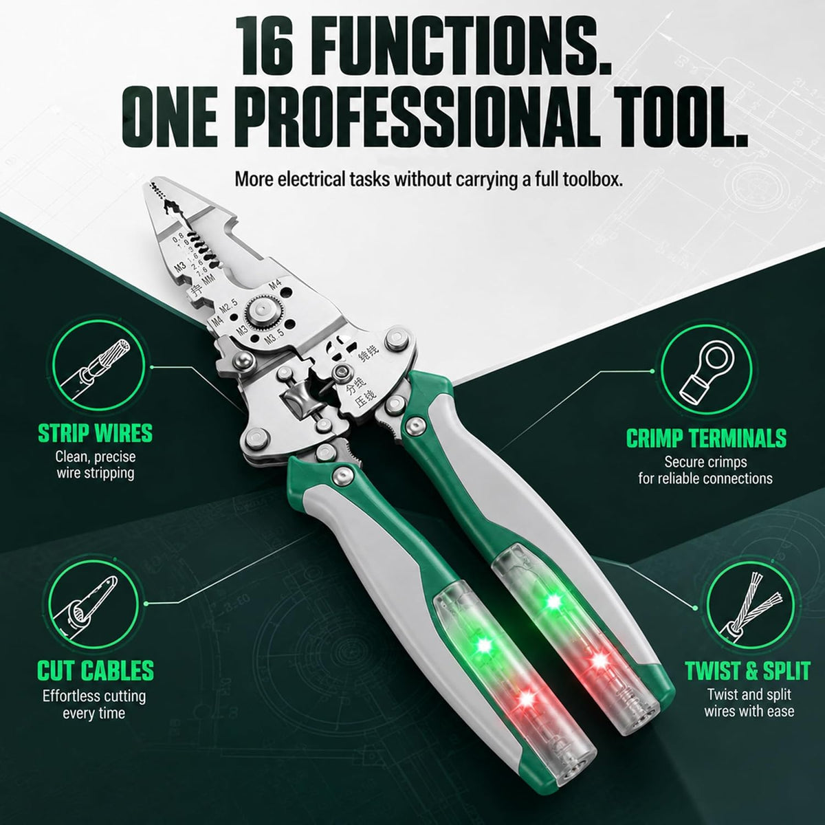 16-in-1 Foldable Wire Stripper Tool with 12-250V Voltage Tester