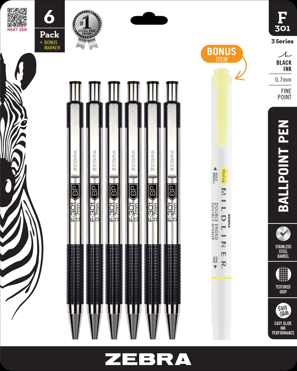 Zebra Pen STEEL F-301 Retractable Ballpoint Pen, Blue Ink, 0.7mm, 6-Pack