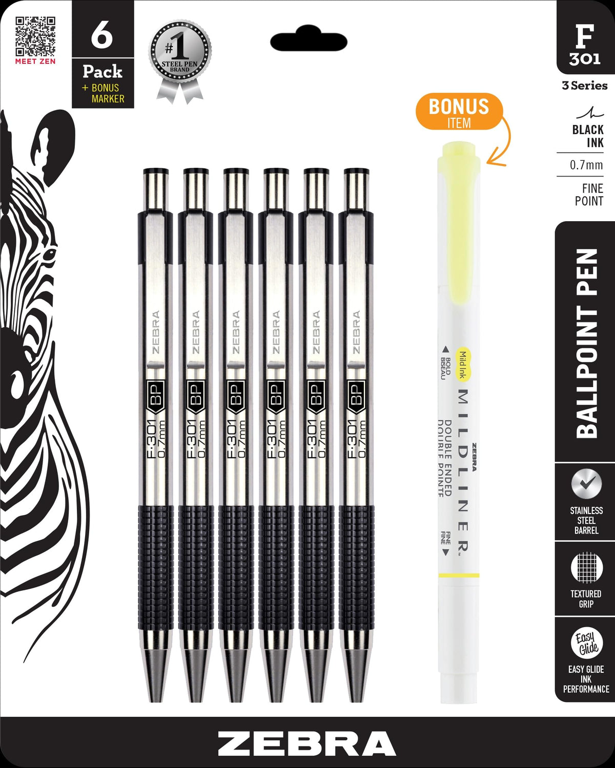 Zebra Pen STEEL F-301 Retractable Ballpoint Pen, Blue Ink, 0.7mm, 6-Pack