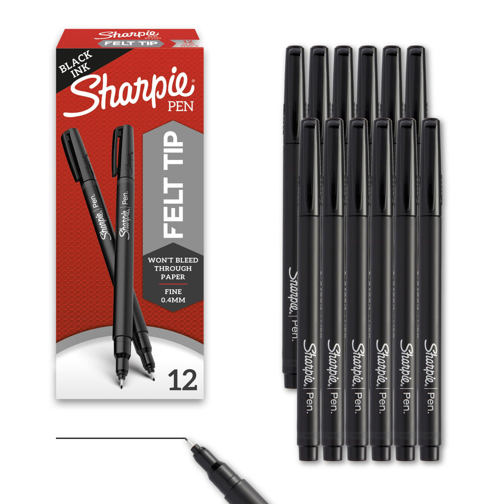 Sharpie Felt Tip Pens, Fine Point (0.4mm), Felt Tip Markers, Black, 12 Count - Journaling