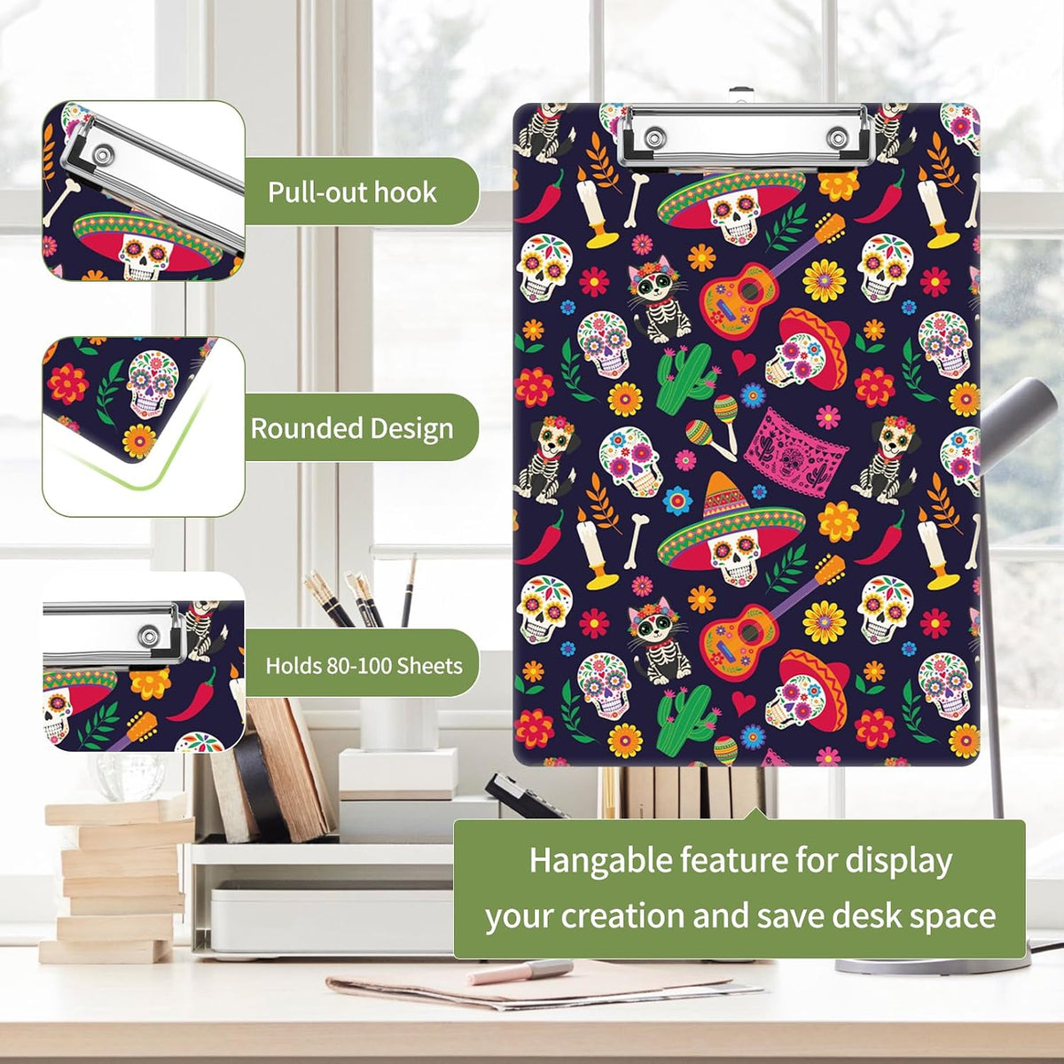 Mexican Skull Clipboard, Cute Decorative Clip Board with Metal Clip Pretty Plastic