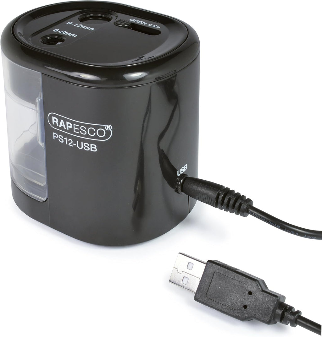 Rapesco 1449 PS12-USB Electric Pencil Sharpener, Dual Hole, Black
