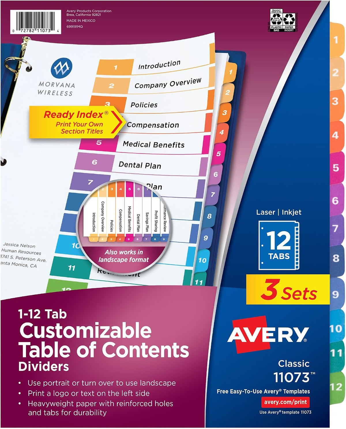 Avery Table of Contents Dividers, 12-Tab, Multicolor, 3 Sets