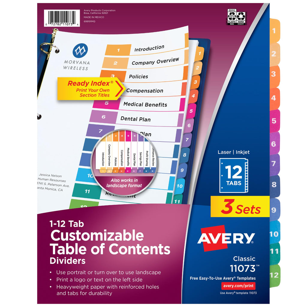Avery Table of Contents Dividers, 12-Tab, Multicolor, 3 Sets