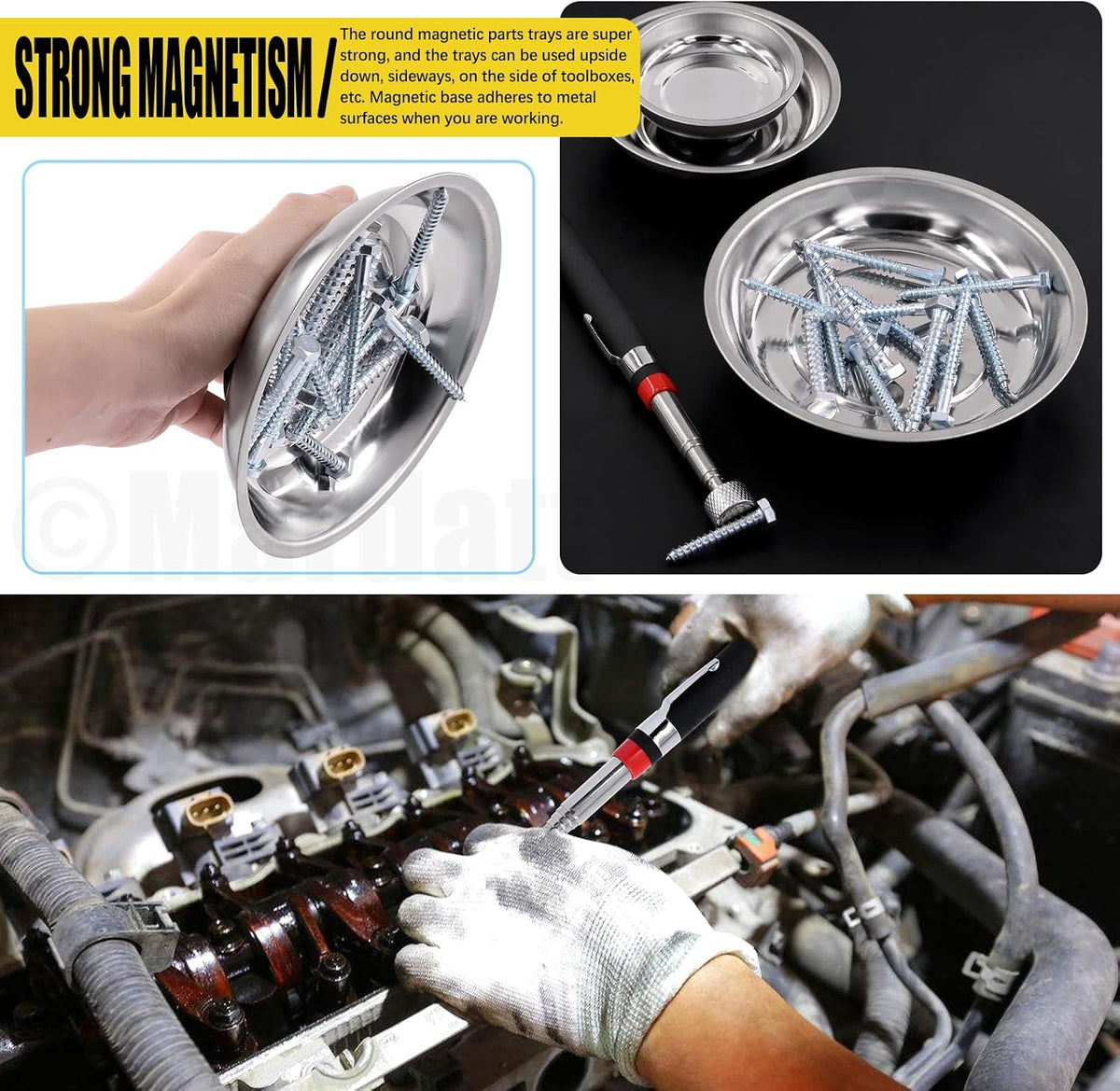 4Pcs 3" 4" 6" Magnetic Trays Tools & 10LB Telescopic Magnet Stick