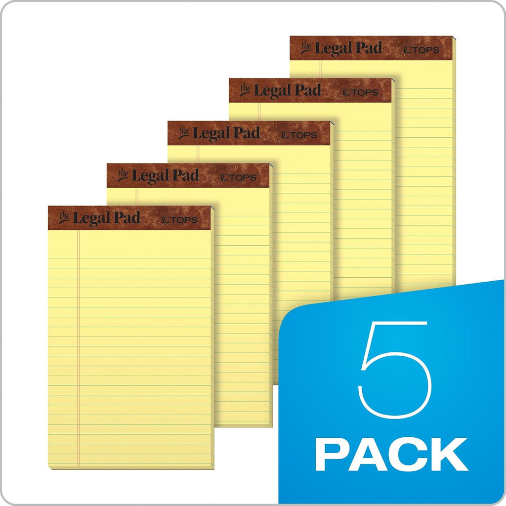 TOPS The Legal Pad Writing Pads, 5" x 8", Jr. Legal Rule, Canary Paper, 50 Sheets