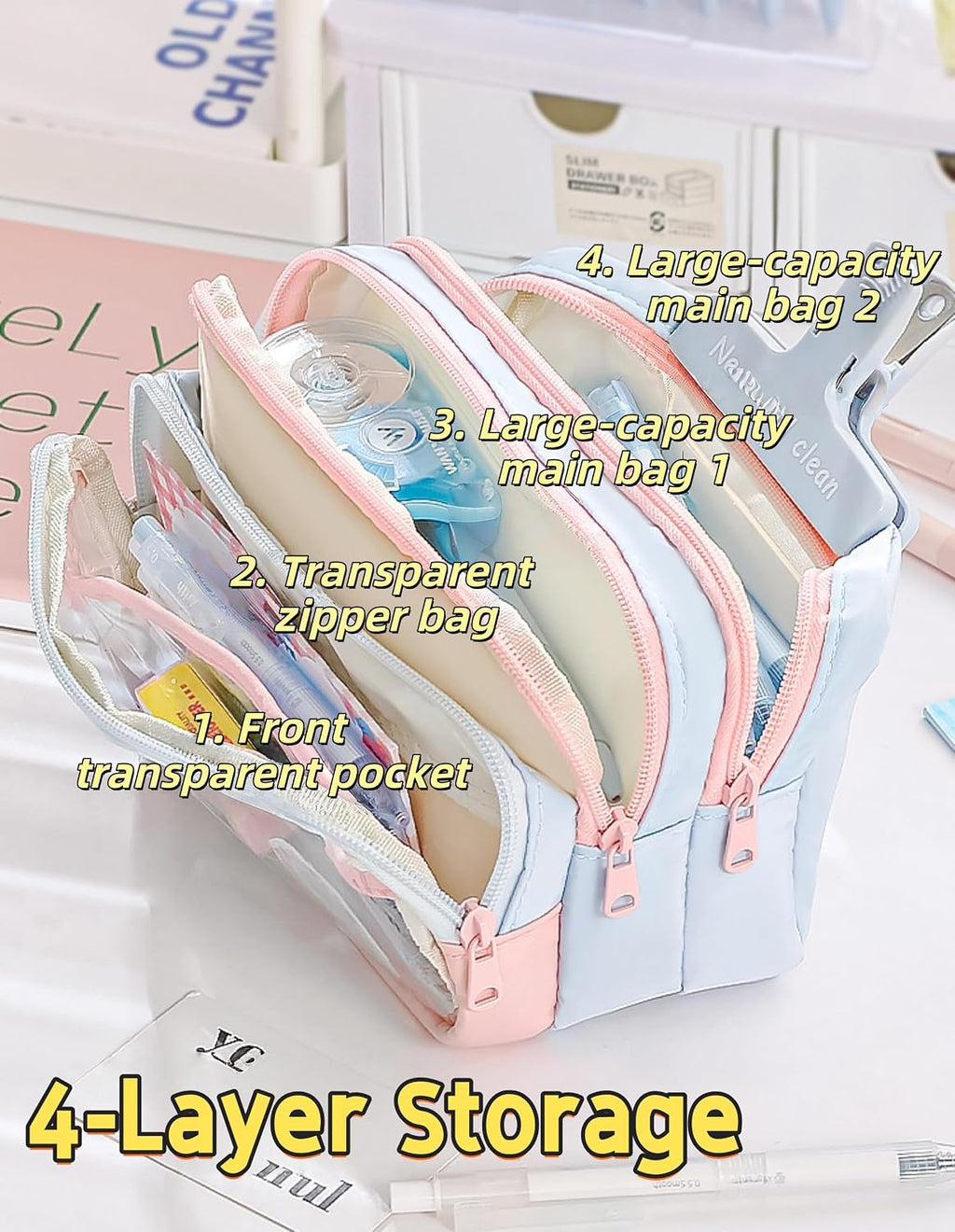 Transparent Large Pencil Case Japanese Pastel Pencil Pouch (Pink)