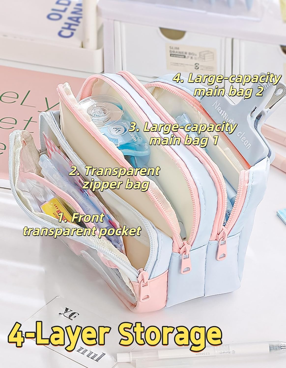 Transparent Large Pencil Case Japanese Pastel Pencil Pouch (Pink)