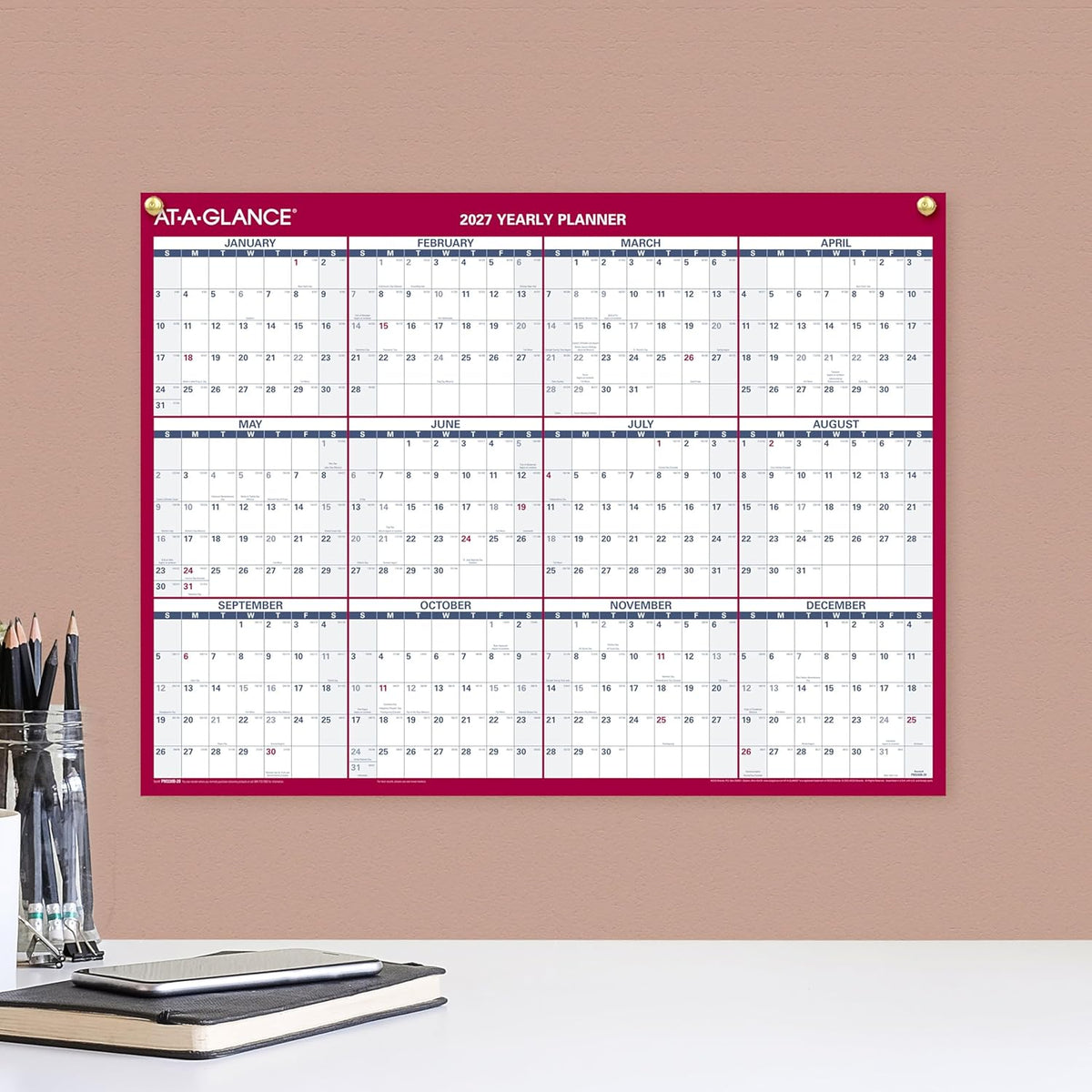 AT-A-GLANCE 2027 Erasable Calendar, Dry Erase Wall Planner, 12" x 16"