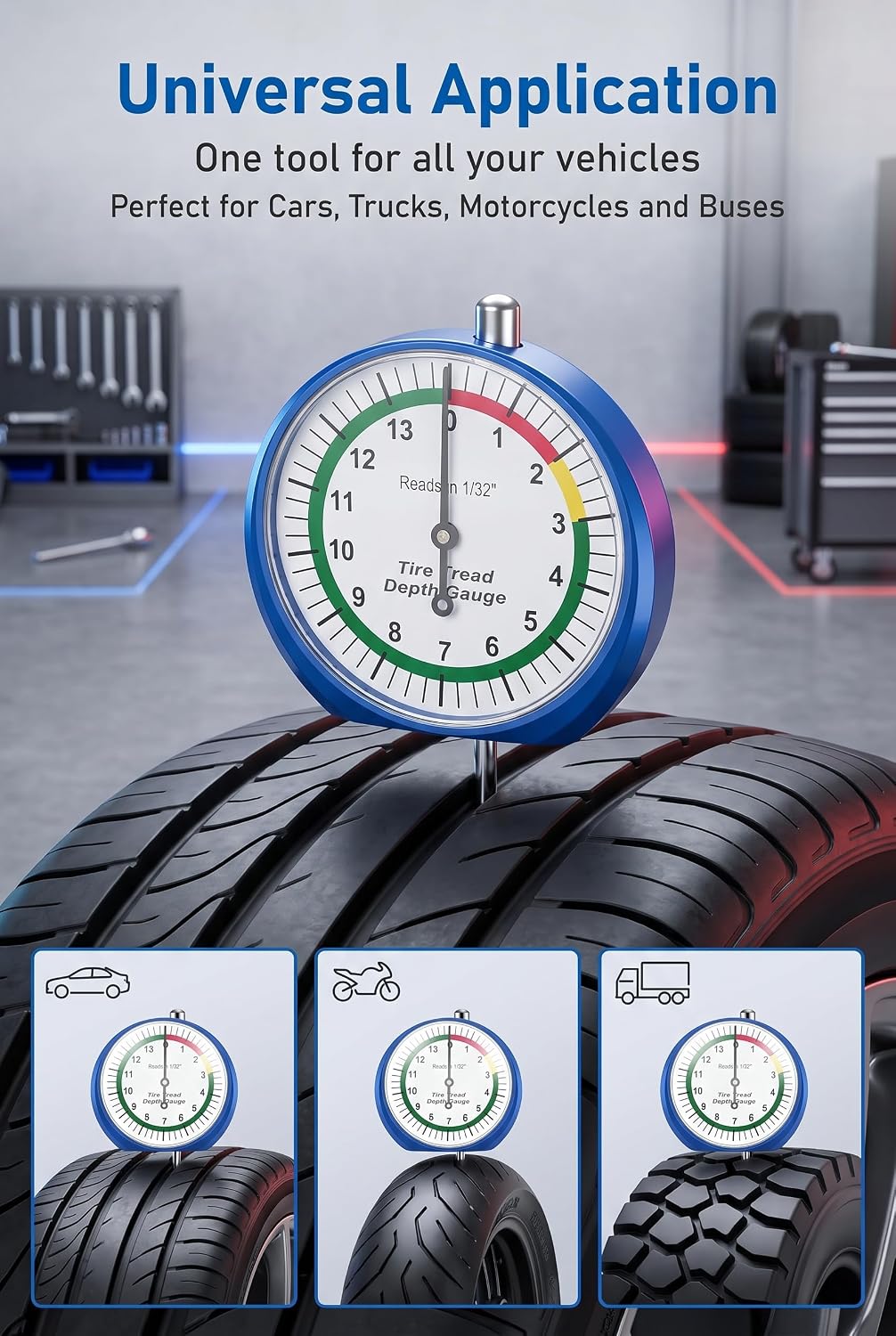 Tire Tread Depth Gauge, Dial Type Measurement Tool with 6 Air Nozzles