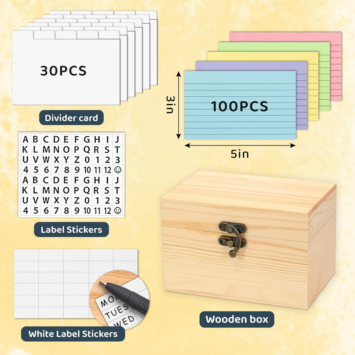 3x5 Wood Index Card Holder Box Set with 100 Flash Cards and 30 Dividers