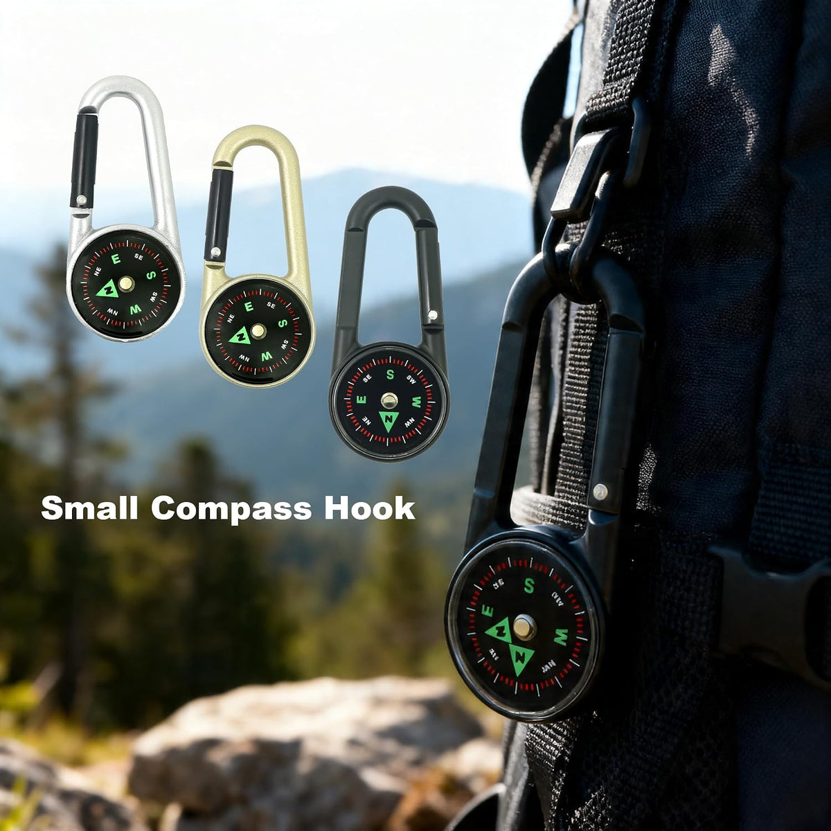 3 pcs Small Liquid Filled Compass Carabiner Keychain Lanyard Hook Survival Kit for