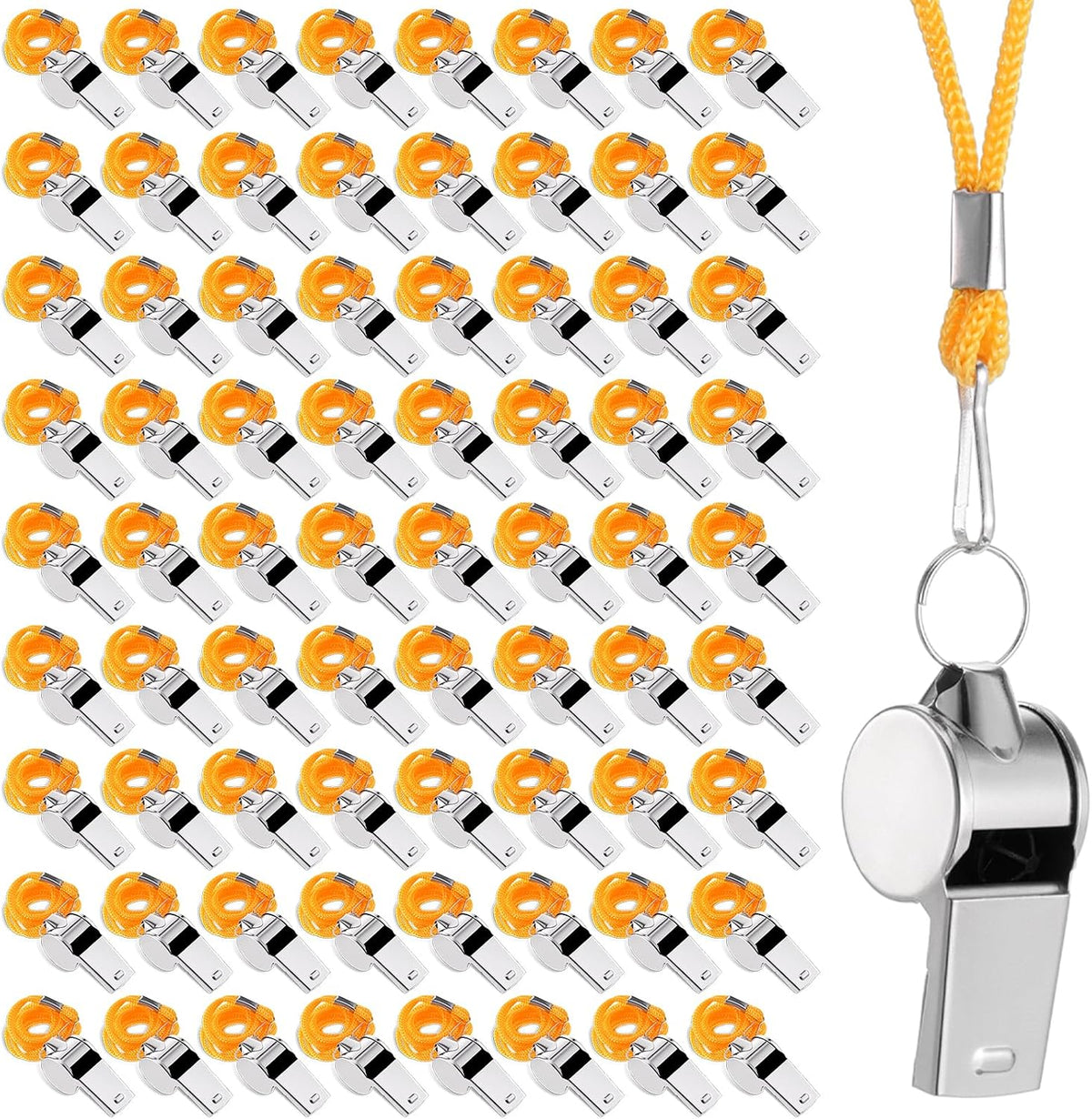 100 Pcs Stainless Steel Whistle with Lanyard, Whistles Bulk