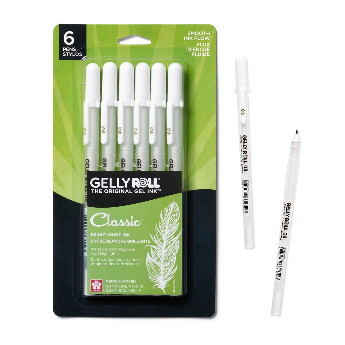Sakura Gelly Roll Gel Pens, White, Assorted 05/08/10 Tip - 6 Pack