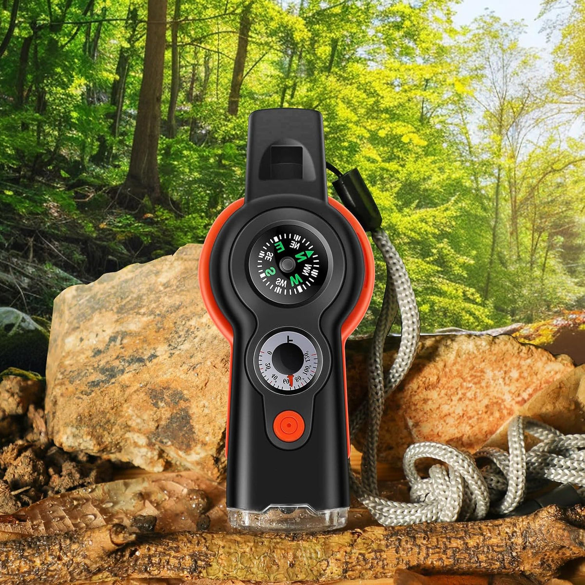 7-in-1 Emergency Survival Whistle with Lanyard, Safety Whistle with Compass