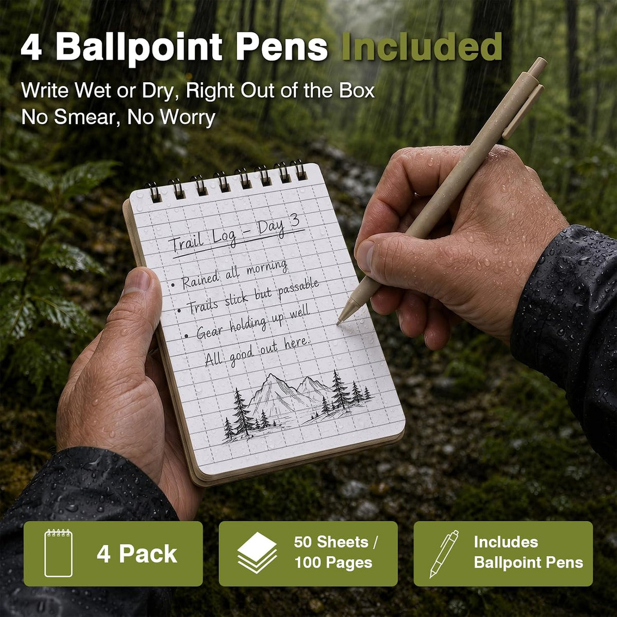 Asten Small Notebook Waterproof Notepad: 3" x 5" Top Spiral Notebook 4 Pack