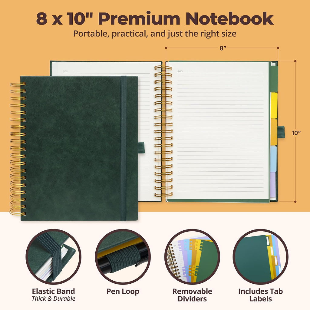 Hardcover Lined Spiral Notebook with Removable Dividers Leather Bound Green