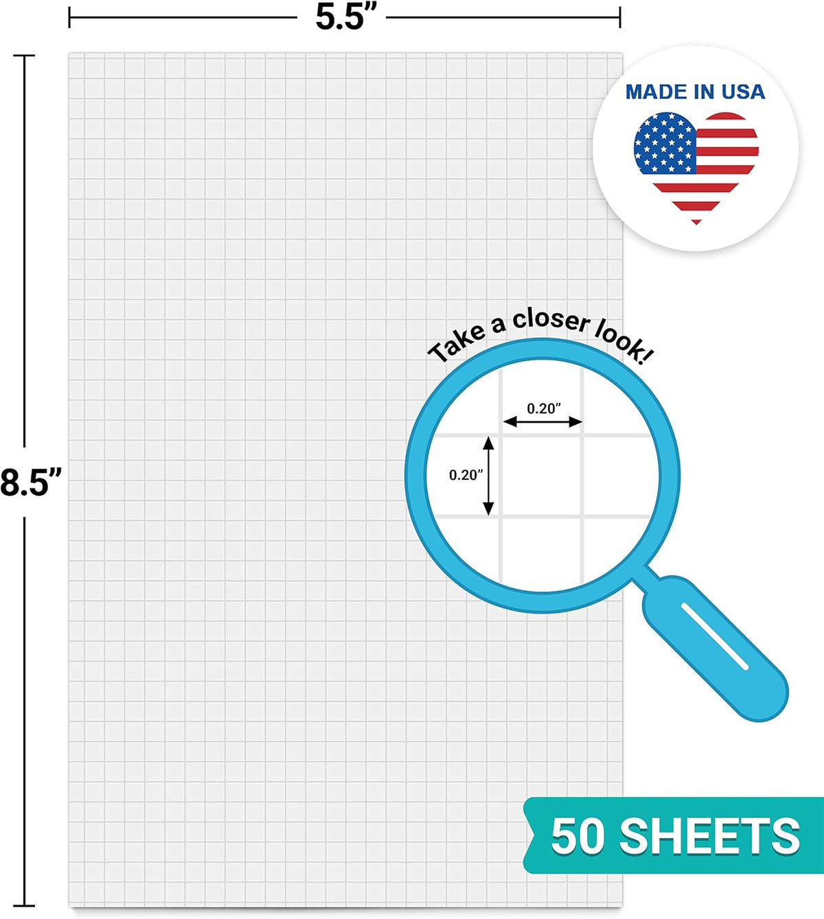321Done Graph Paper Notepad, 5.5x8.5 Inches, 50 Sheets, 0.20" Grid