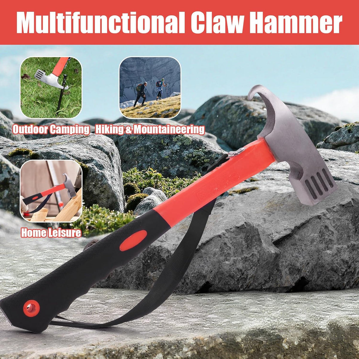1 lb Tent Stake Hammer with Stake Puller, Steel Camping Mallet