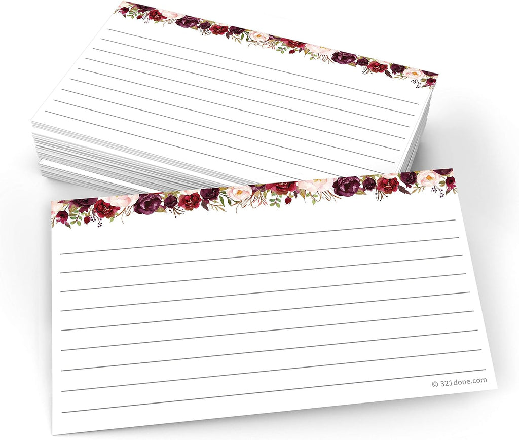 321Done Ruled Index Cards, Small 3x5, Set of 50, Red Roses on White