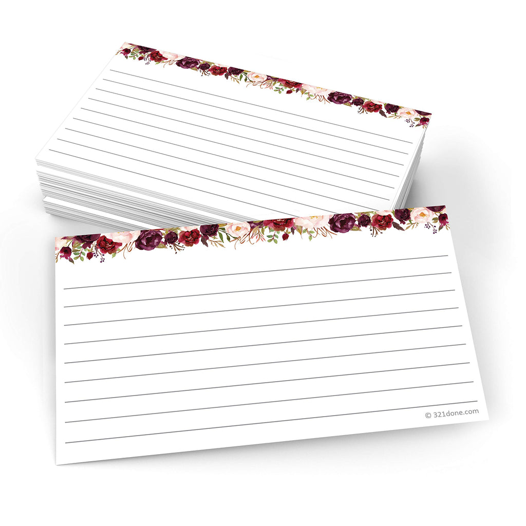 321Done Ruled Index Cards, Small 3x5, Set of 50, Red Roses on White