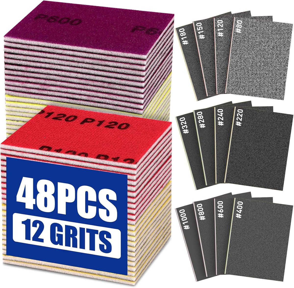 48Pcs Sanding Sponge Set, 80‑1000 Grit Assortment, Coarse to Fine Sandpaper