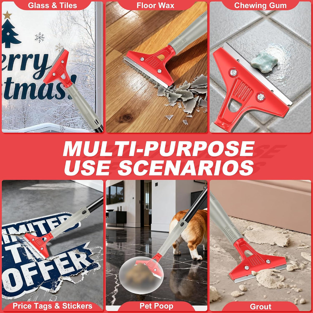 Floor Scraper Long Handle Heavy Duty, 30"-58" Long, 4" Wide Blade