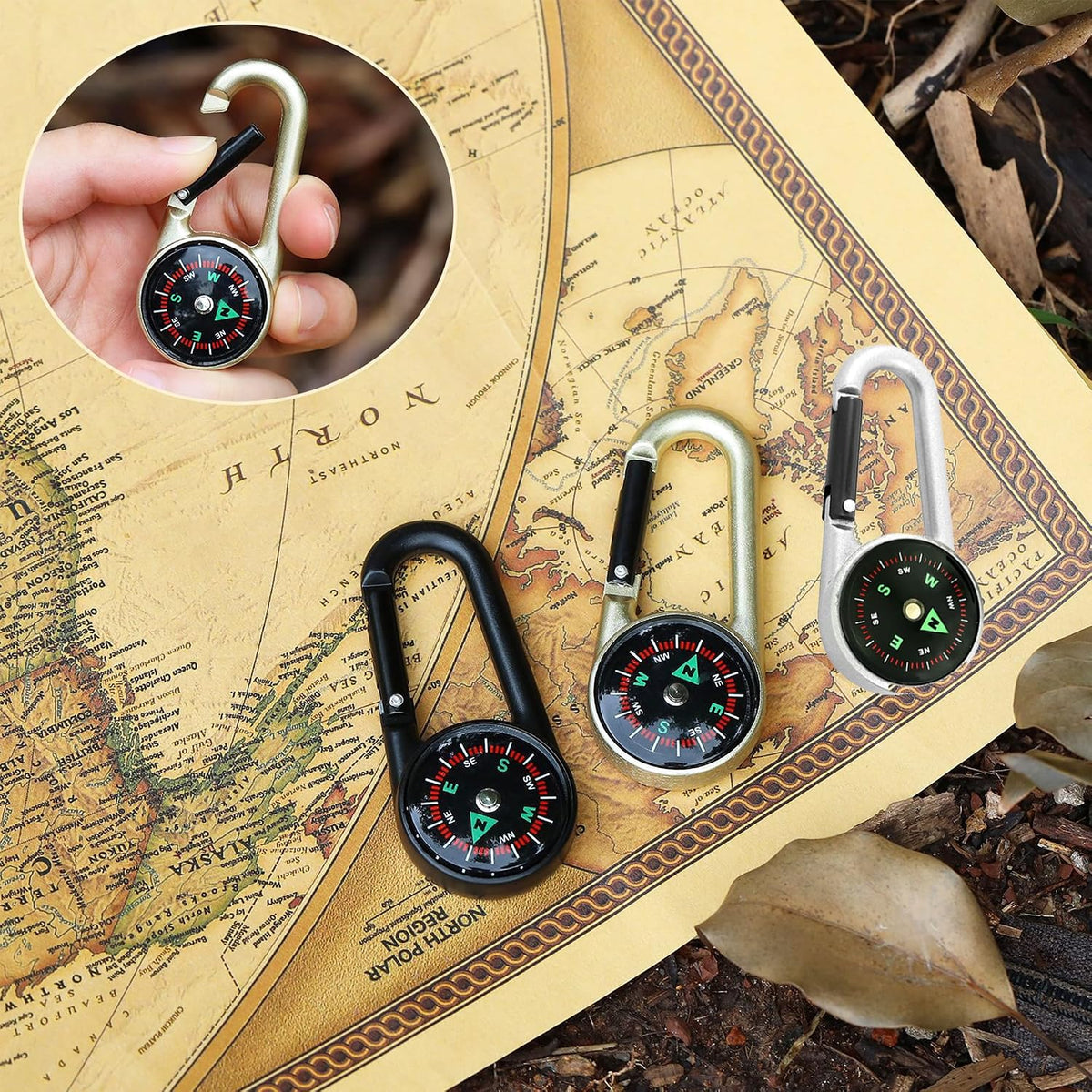 3 pcs Small Liquid Filled Compass Carabiner Keychain Lanyard Hook Survival Kit for