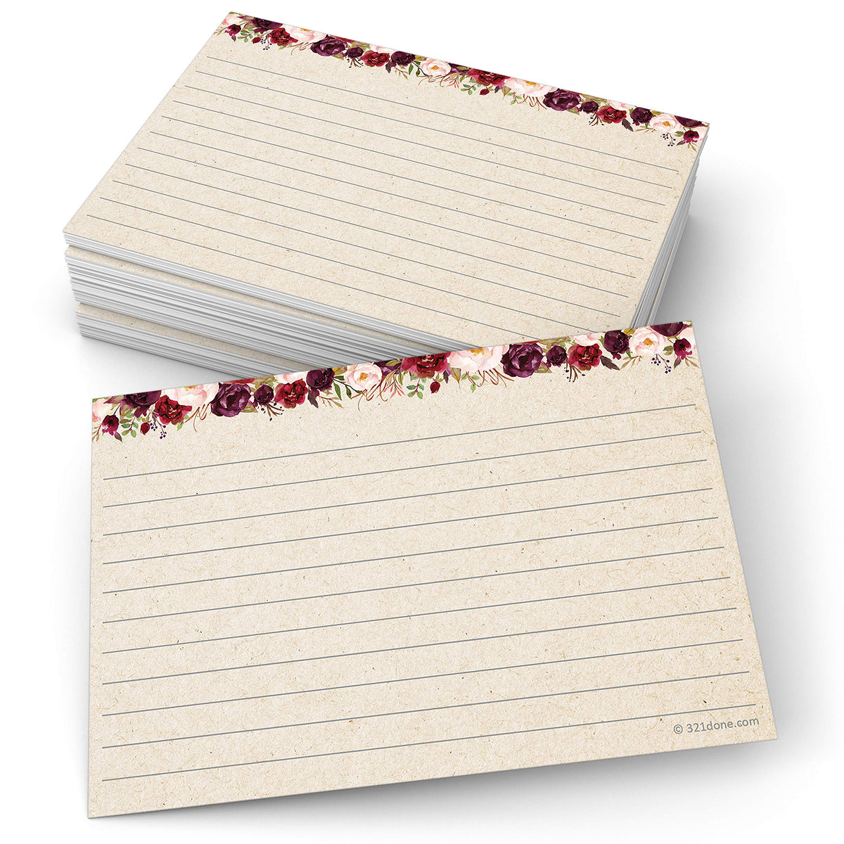 321Done Ruled Index Cards, Small 3x5, Set of 50, Red Roses on Tan