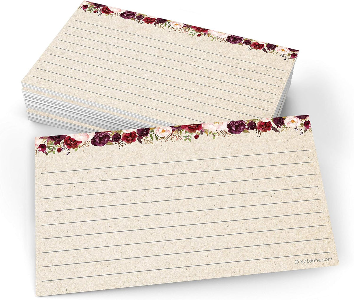 321Done Ruled Index Cards, Small 3x5, Set of 50, Red Roses on Tan