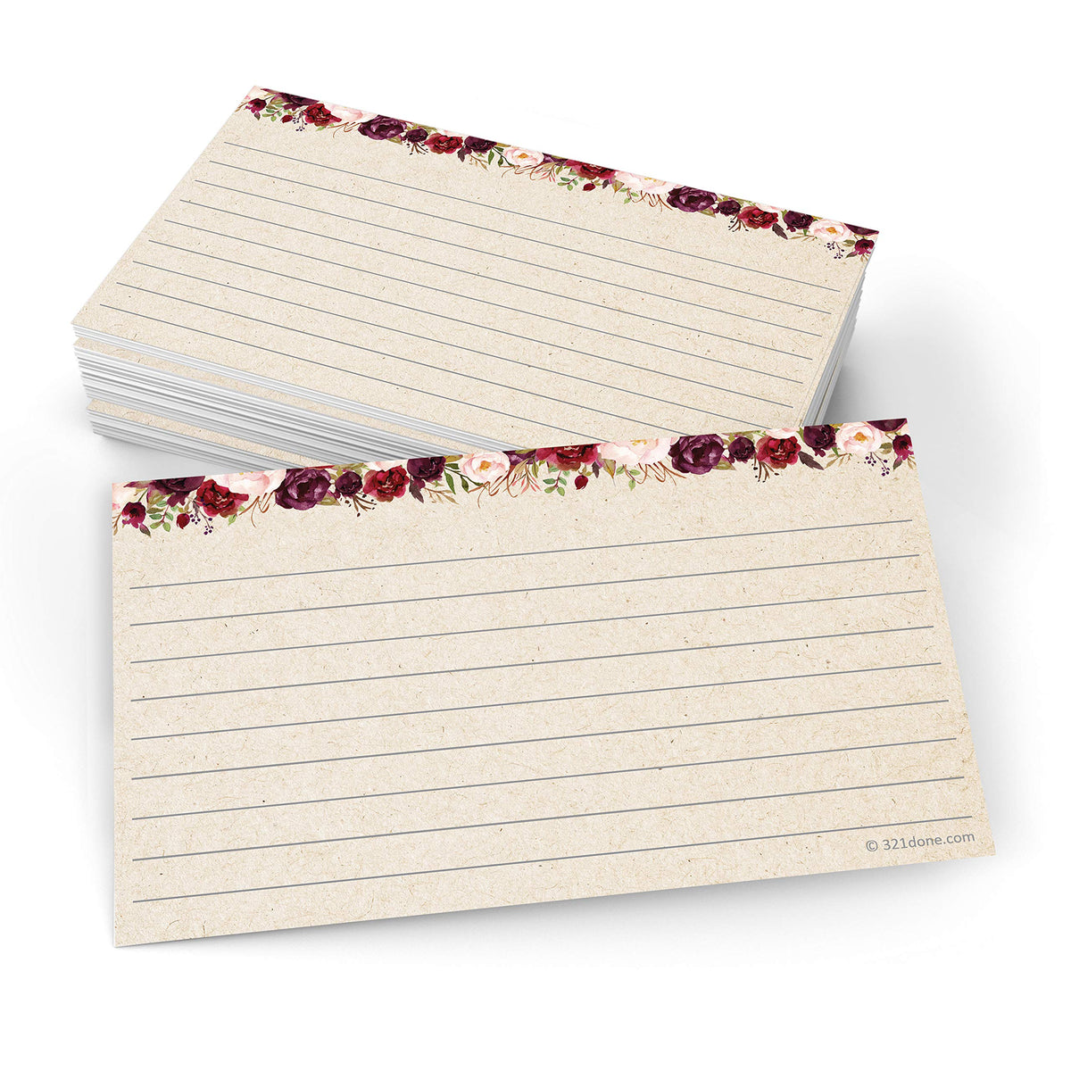 321Done Ruled Index Cards, Small 3x5, Set of 50, Red Roses on Tan