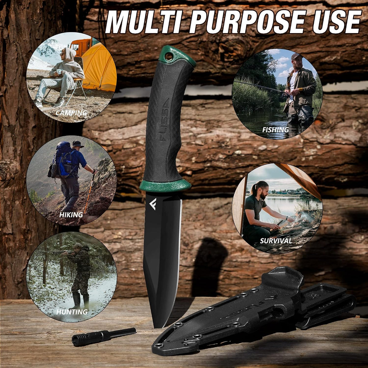 FLISSA 4-7/8 Inch Survival Knife with Sheath Fire Starter Whistle Fixed
