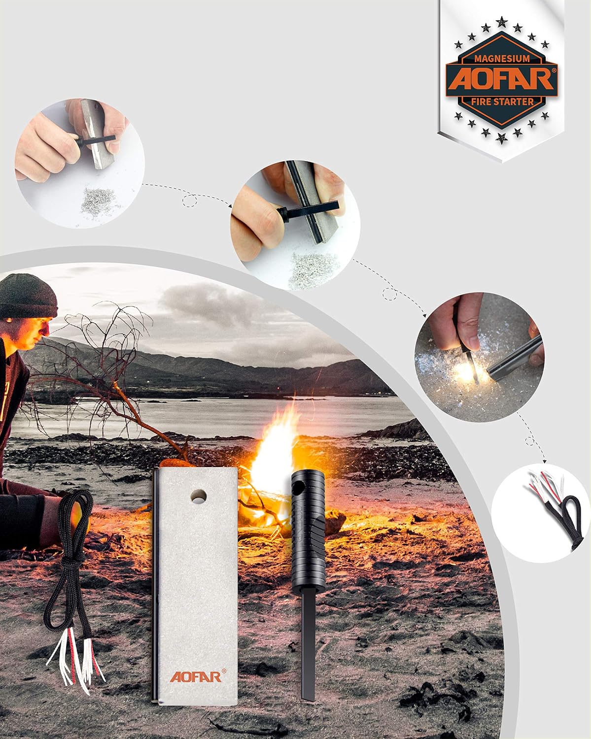AOFAR Magnesium Fire Starter AF-374 (2-Pack) Waterproof Fire Steel Pouch for Camping
